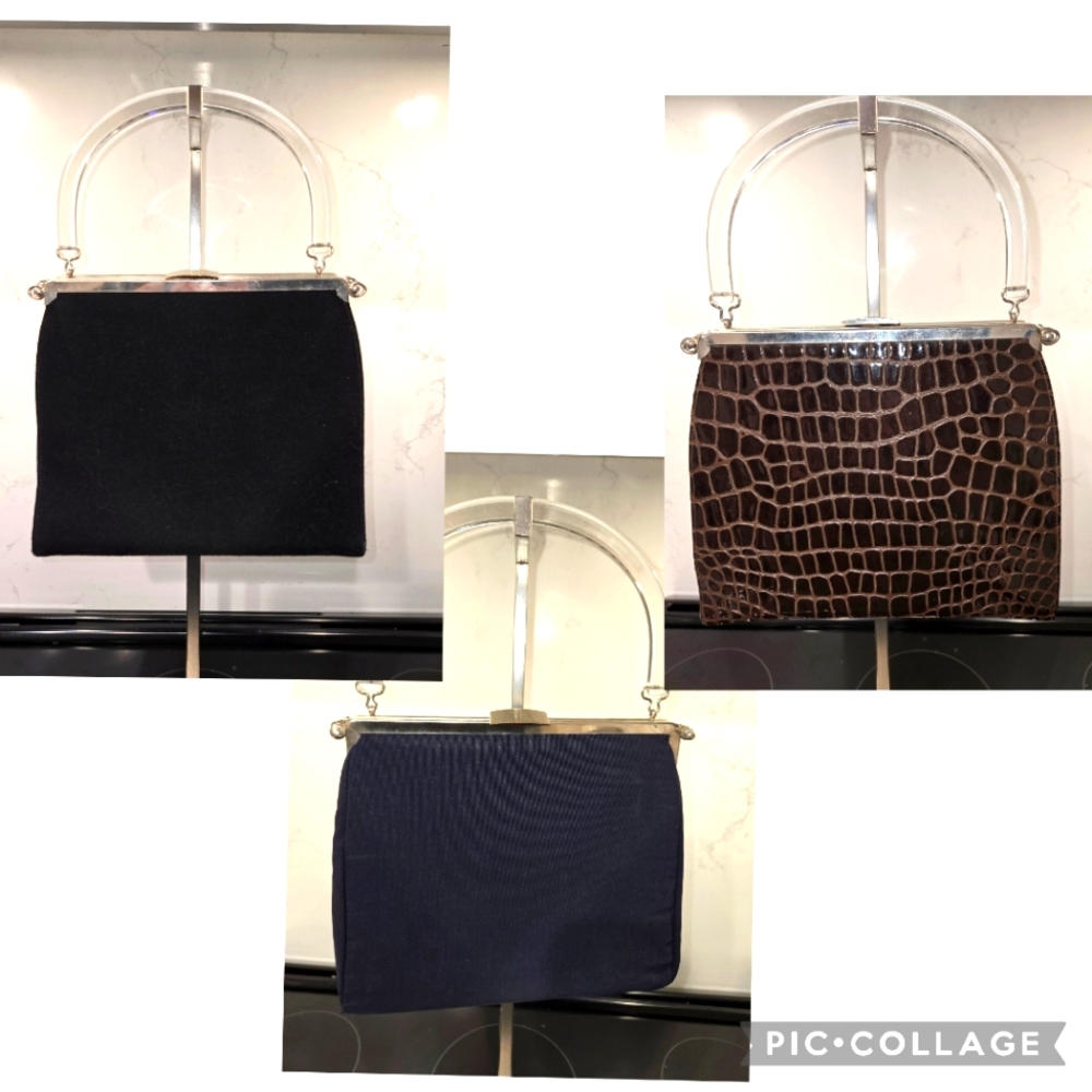 *Vintage* 60s Mod 3-in-1 Black, Navy and Brown Alligator Lucite Handle Purse